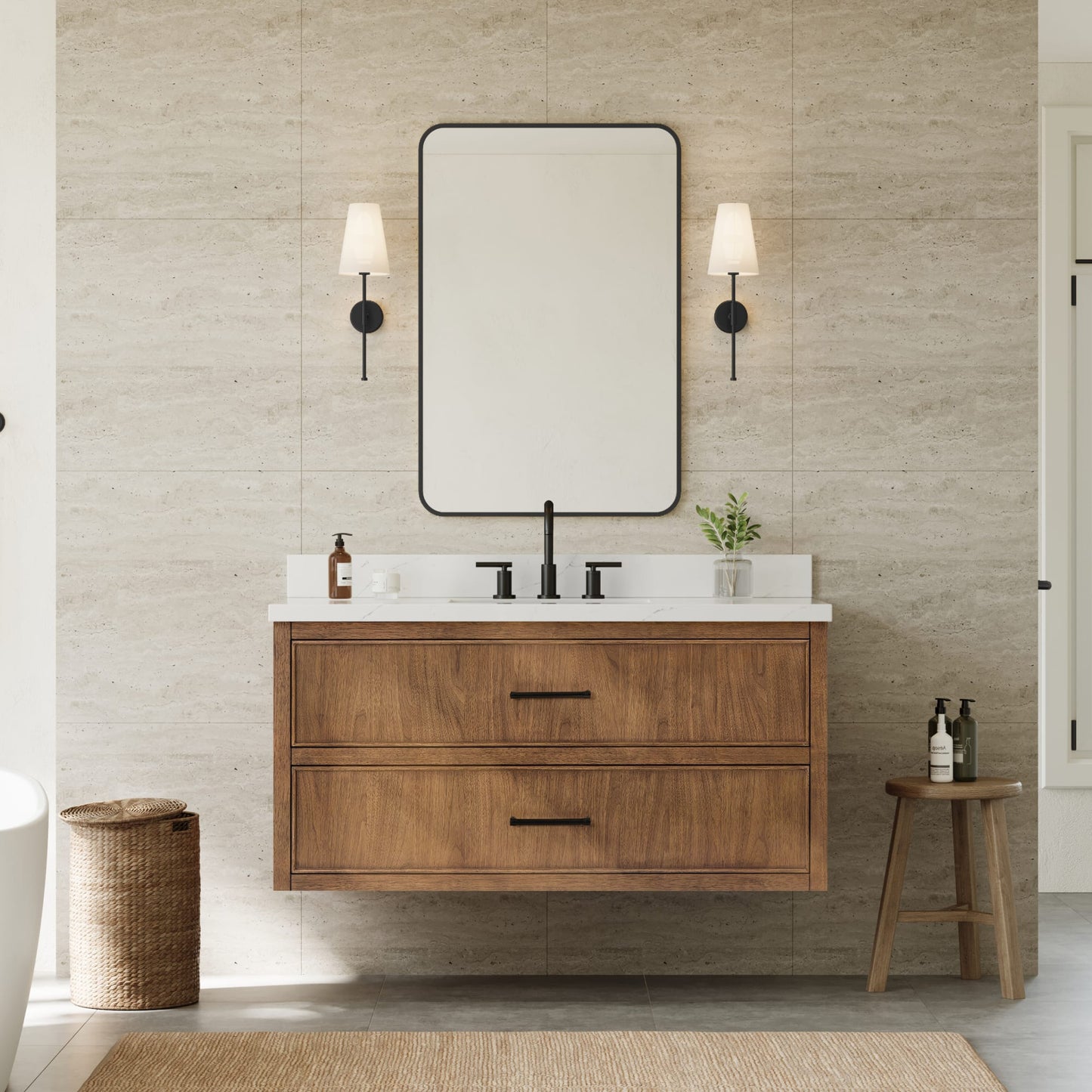 Isola WM Wall Mounted Bathroom Vanity with Countertop 48 inch Single Sink 3-hole Faucet Setup