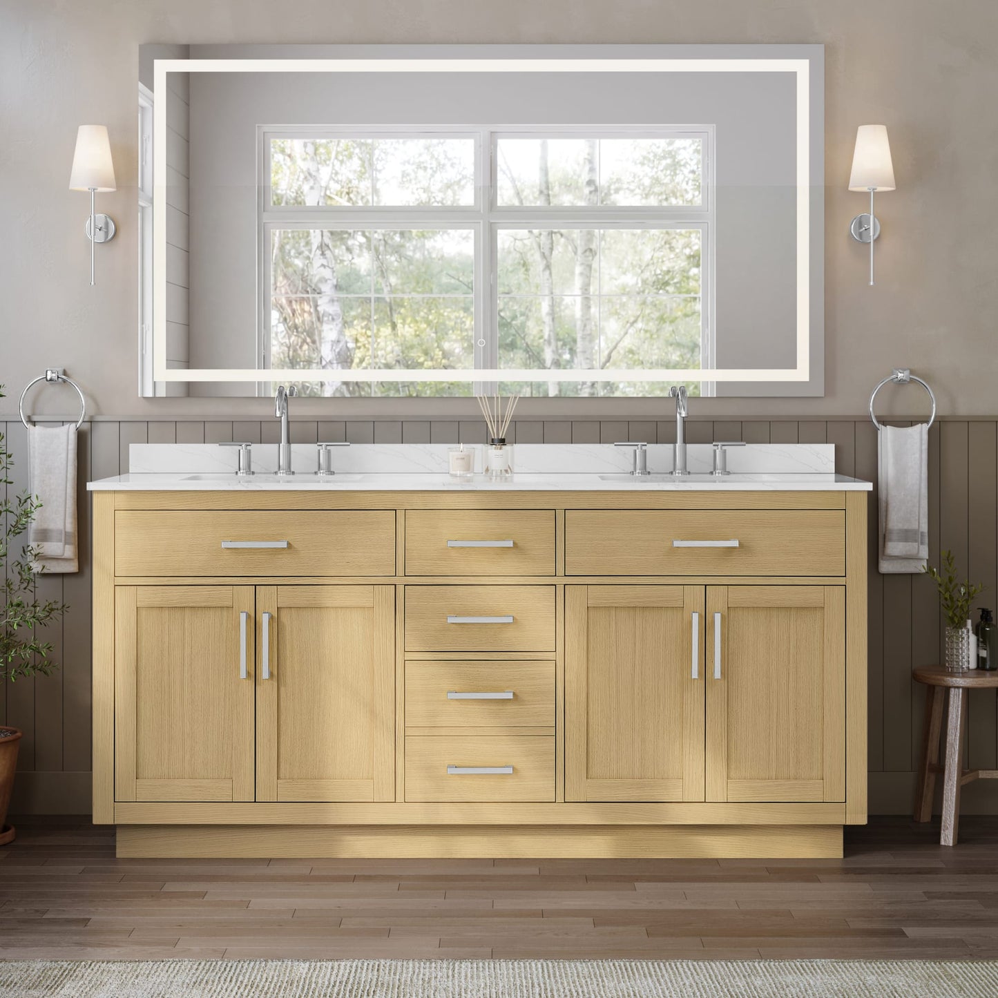 Beckett TK Bathroom Vanity with Countertop 72 inch Double Sink 3-hole Faucet Setup