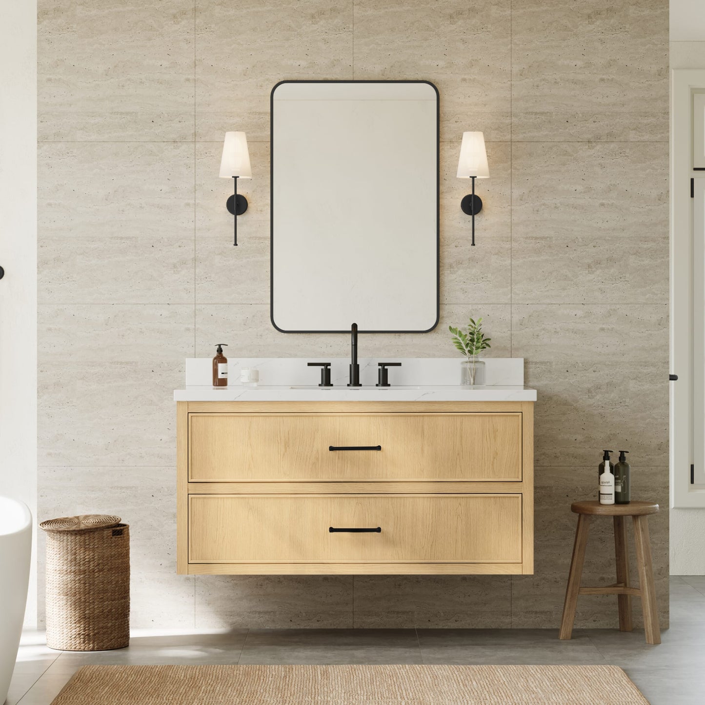 Isola WM Wall Mounted Bathroom Vanity with Countertop 48 inch Single Sink 3-hole Faucet Setup