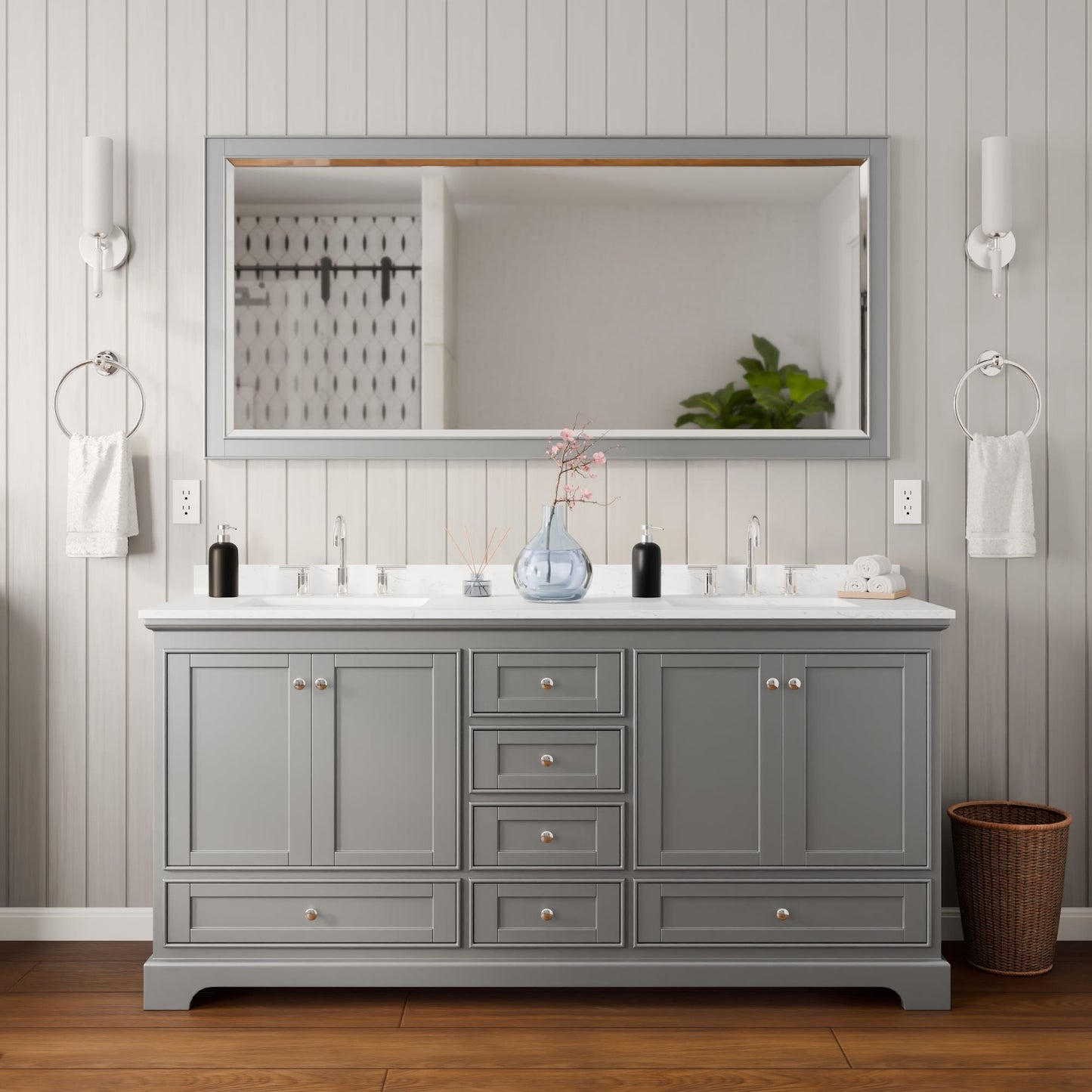 Deborah Bathroom Vanity with Countertop 72 inch Double Sink 3-hole Faucet Setup