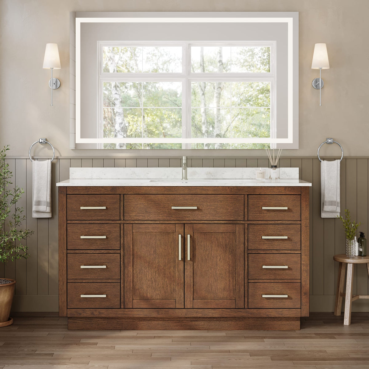 Beckett TK Bathroom Vanity with Countertop 60 inch Single Sink Single hole Faucet Setup