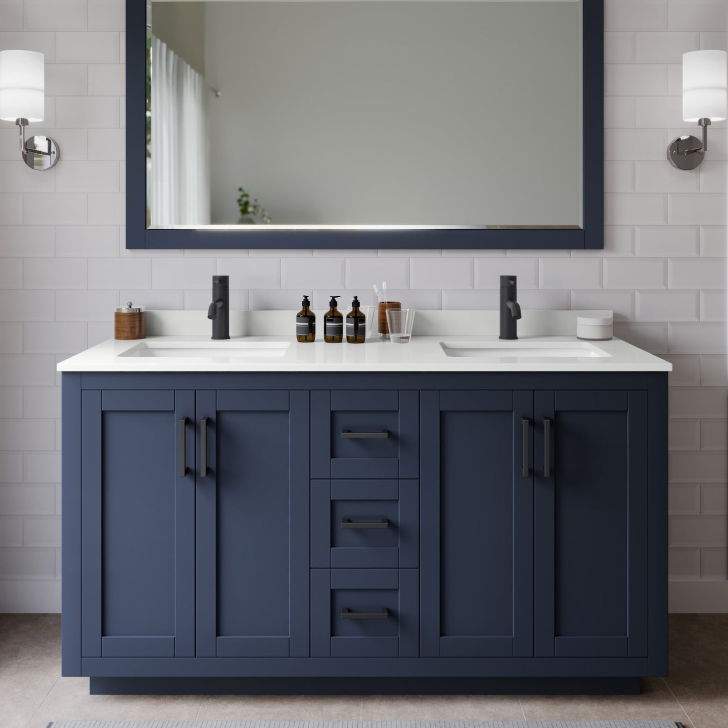 Miranda Bathroom Vanity with Countertop 60 inch Double Sink Single hole Faucet Setup