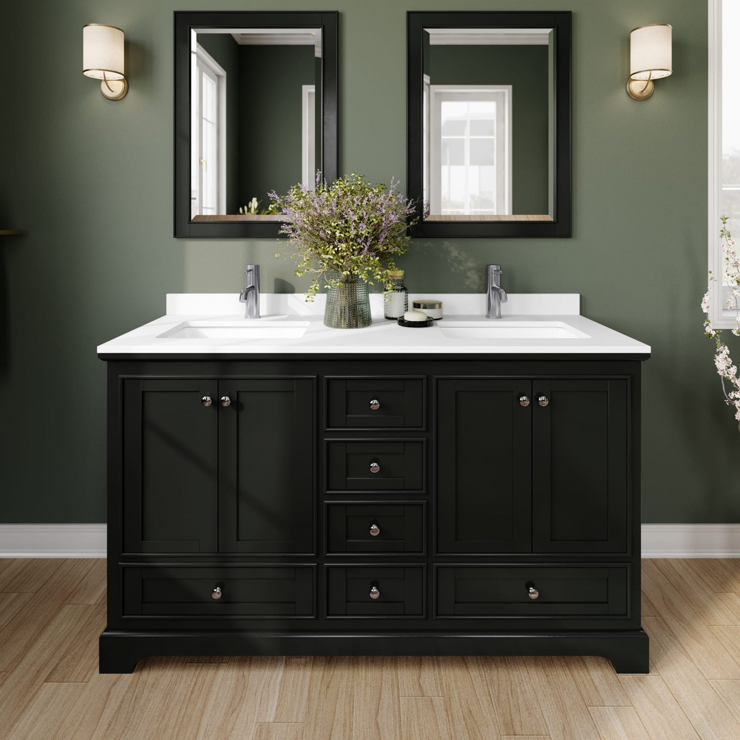 Deborah Bathroom Vanity with Countertop 60 inch Double Sink Single hole Faucet Setup