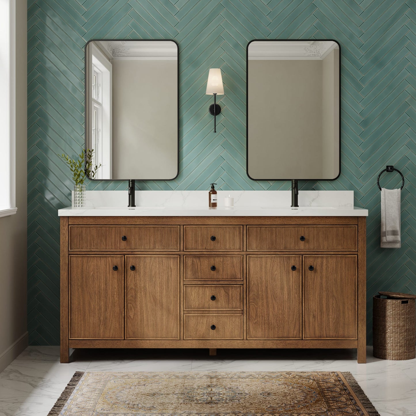 Rian Bathroom Vanity with Countertop 72 inch Double Sink Single hole Faucet Setup