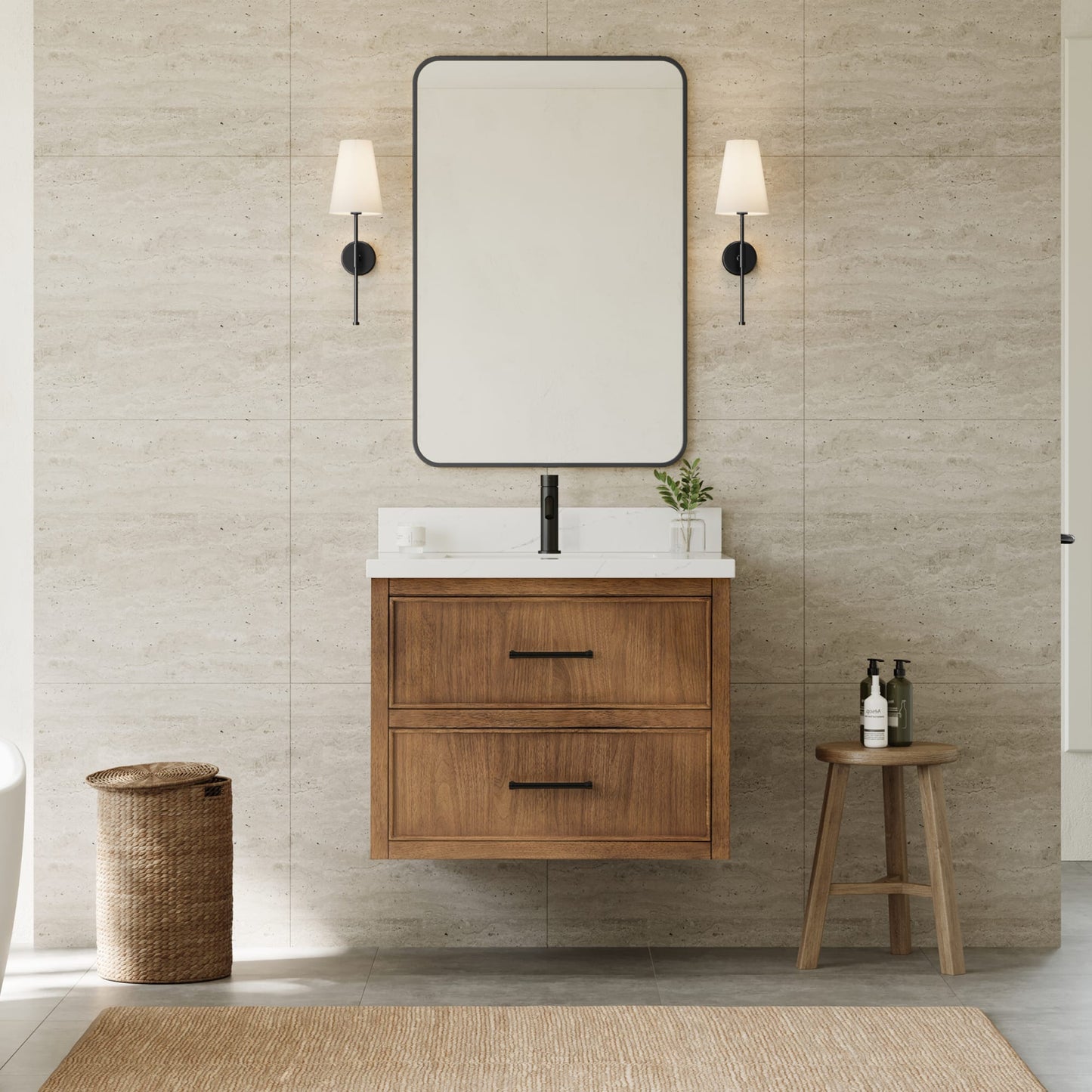Isola WM Wall Mounted Bathroom Vanity with Countertop 30 inch Single Sink Single hole Faucet Setup