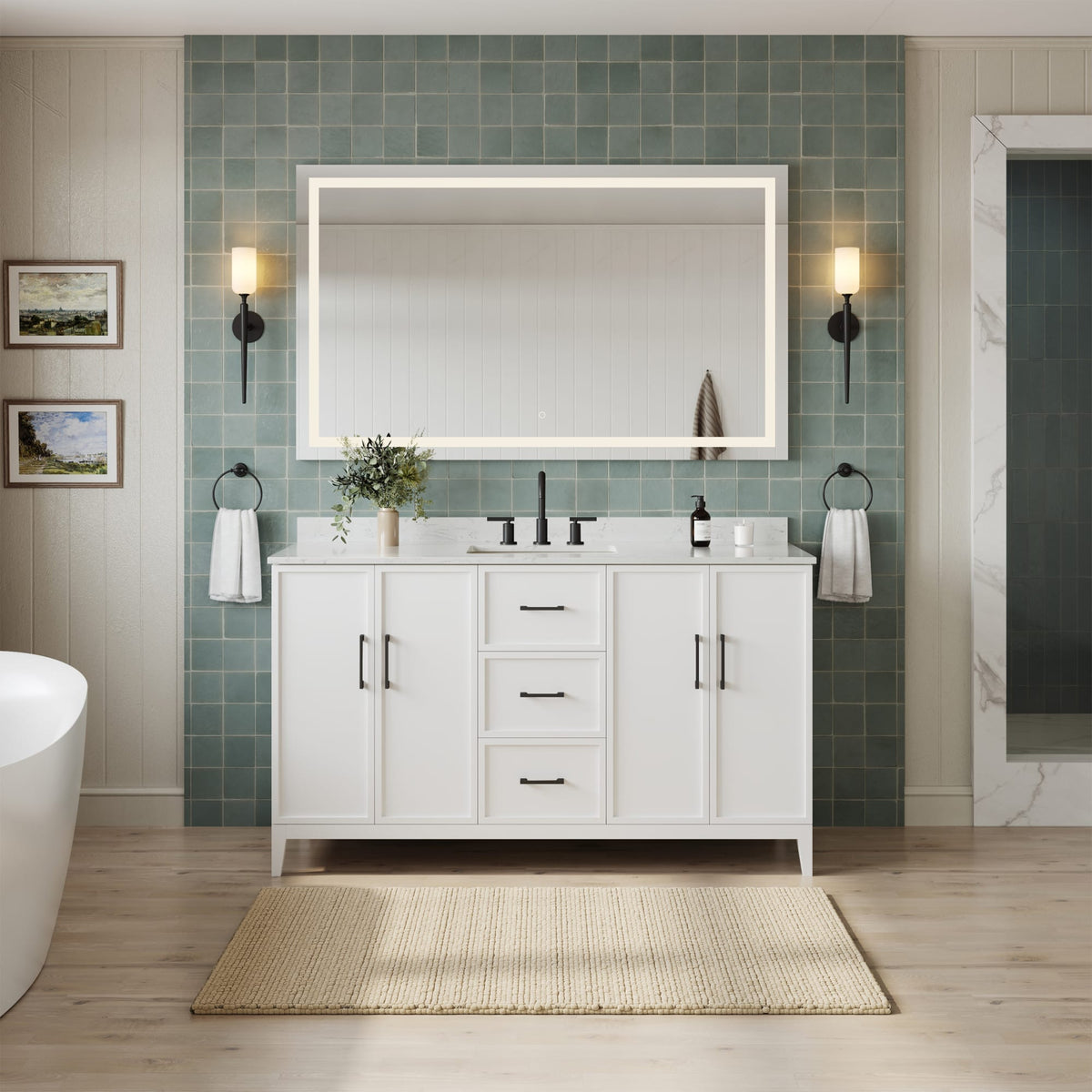 Elan Bathroom Vanity with Countertop 60 inch Single Sink 3-hole Faucet Setup