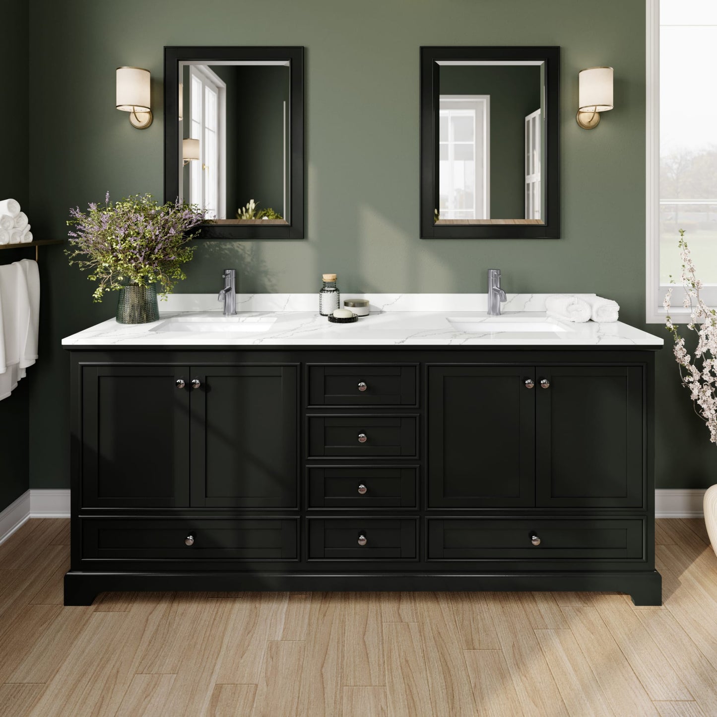 Deborah Bathroom Vanity with Countertop 80 inch Double Sink Single hole Faucet Setup