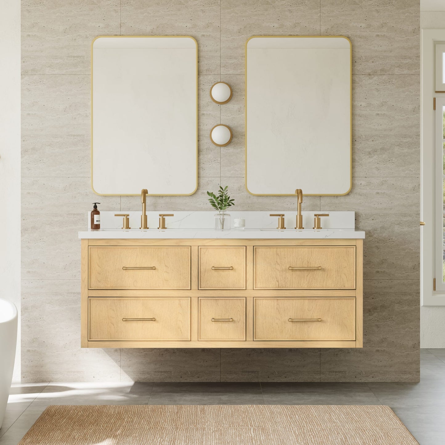 Isola WM Wall Mounted Bathroom Vanity with Countertop 60 inch Double Sink 3-hole Faucet Setup