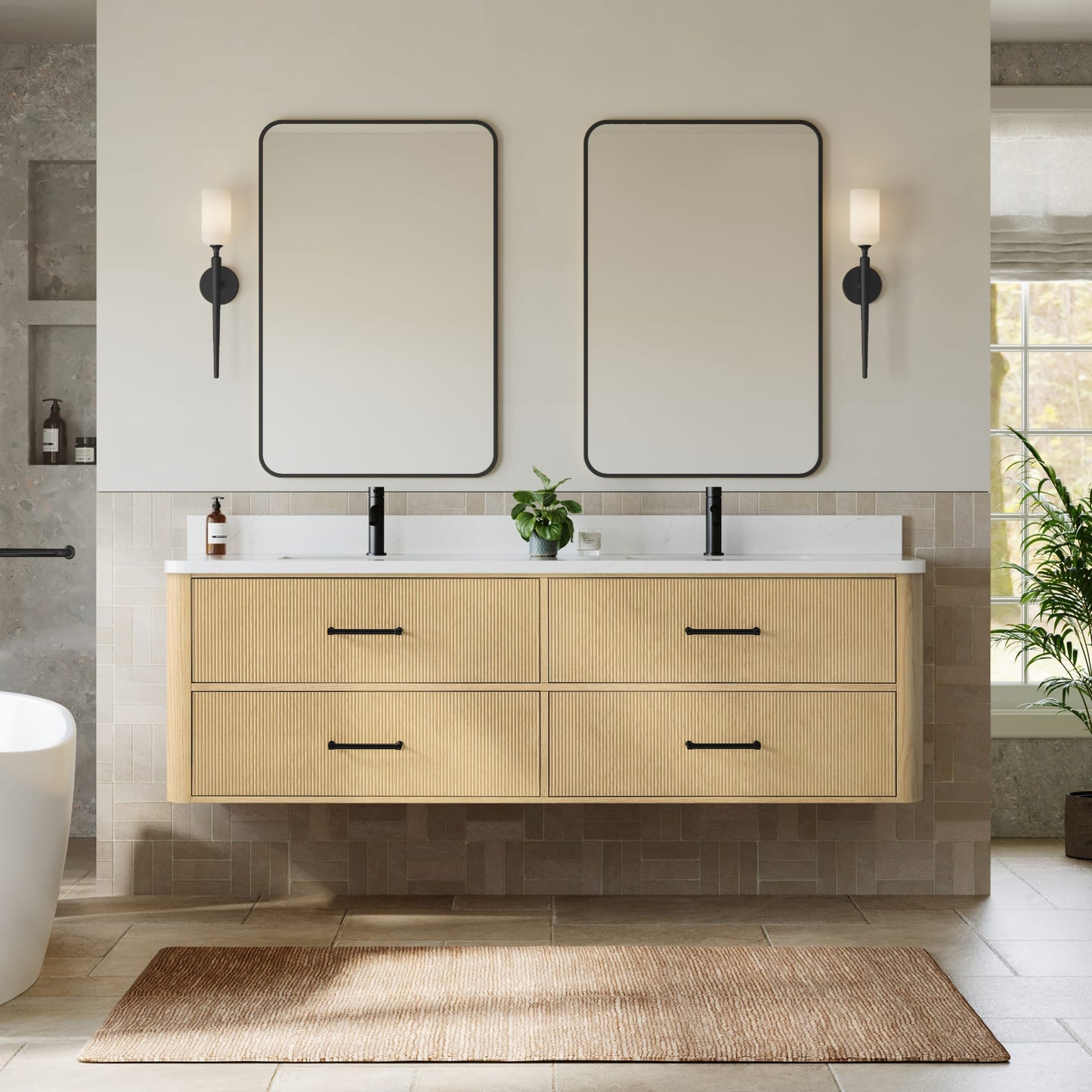 Francesca WM Wall Mounted Bathroom Vanity with Countertop 72 inch Double Sink Single hole Faucet Setup