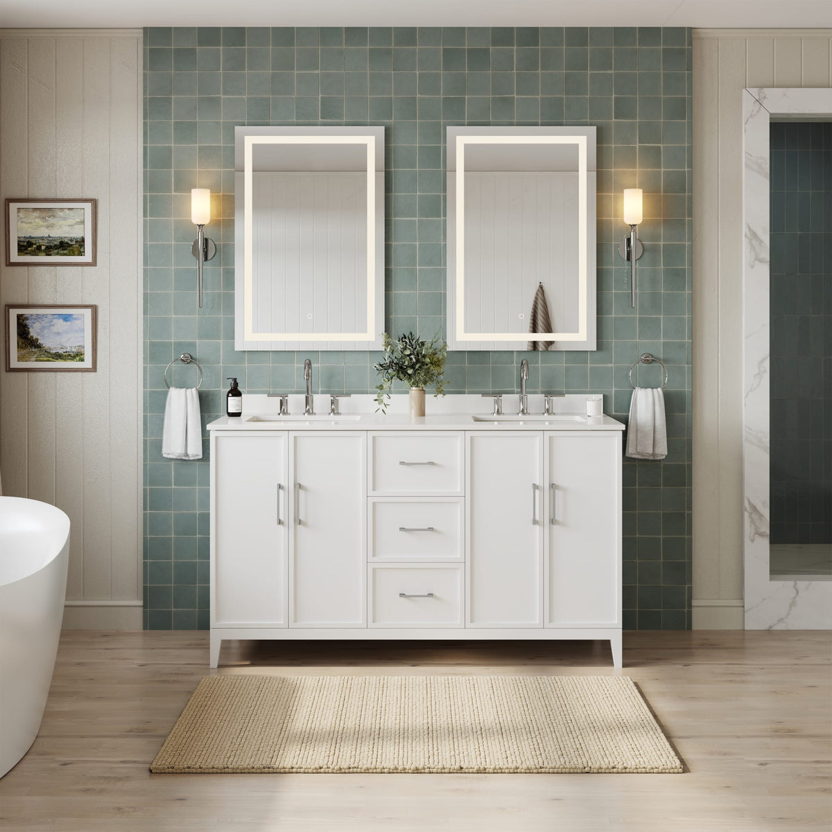Elan Bathroom Vanity with Countertop 60 inch Double Sink 3-hole Faucet Setup