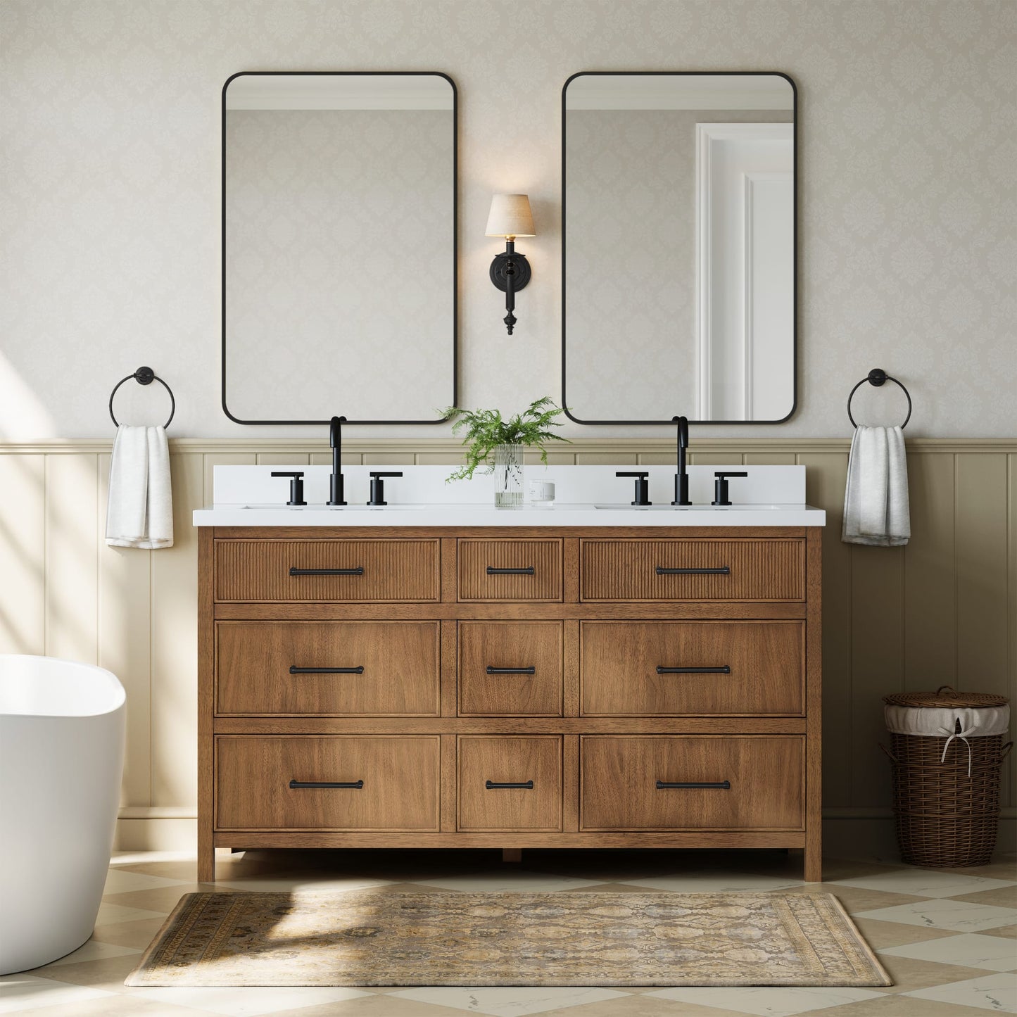 Isola Bathroom Vanity with Countertop 60 inch Double Sink 3-hole Faucet Setup