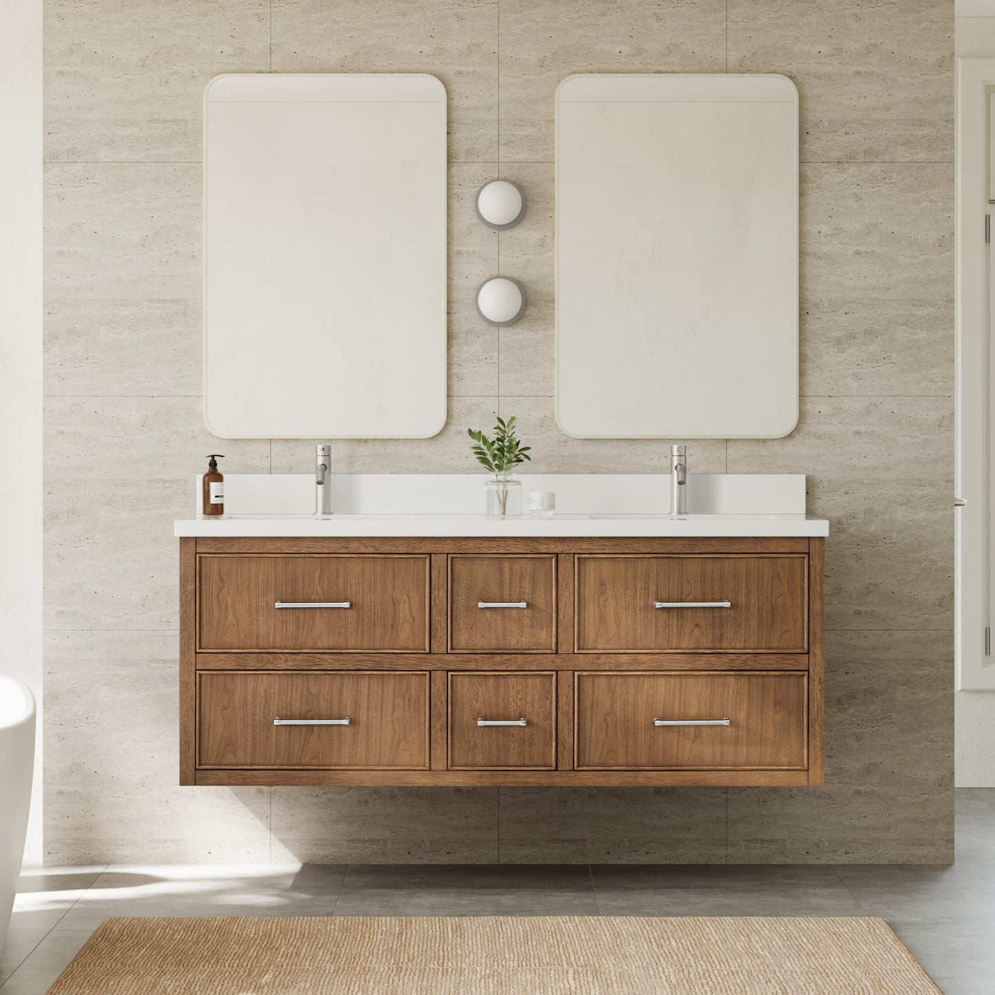Isola WM Wall Mounted Bathroom Vanity with Countertop 60 inch Double Sink Single hole Faucet Setup