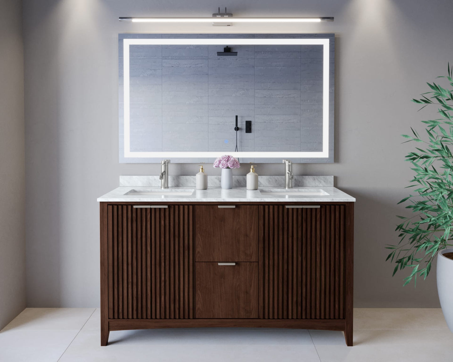 Palmilla Bathroom Vanity with Countertop 60 inch Double Sink Single hole Faucet Setup