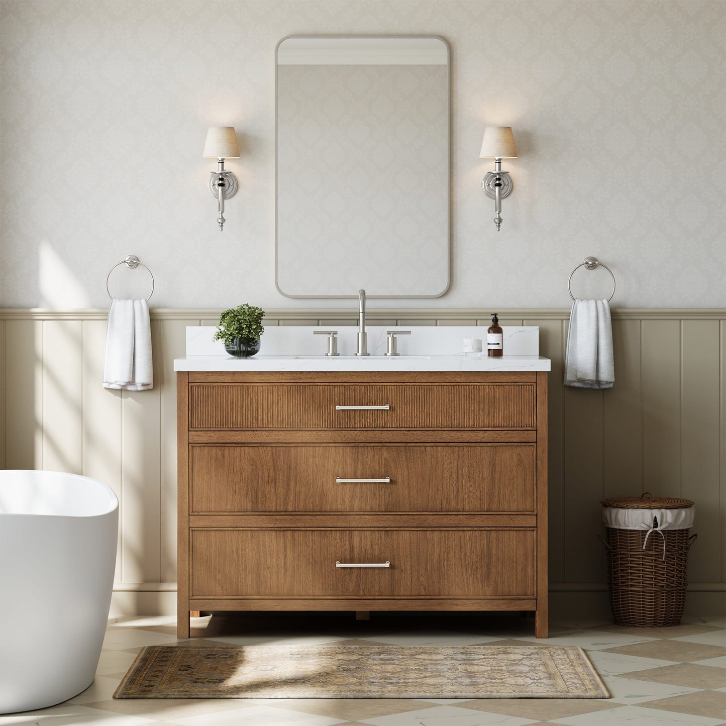 Isola Bathroom Vanity with Countertop 48 inch Single Sink 3-hole Faucet Setup