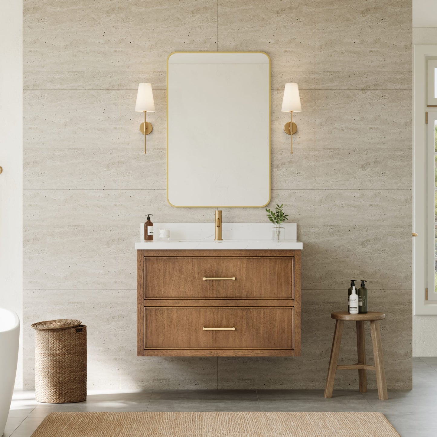Isola WM Wall Mounted Bathroom Vanity with Countertop 36 inch Single Sink Single hole Faucet Setup