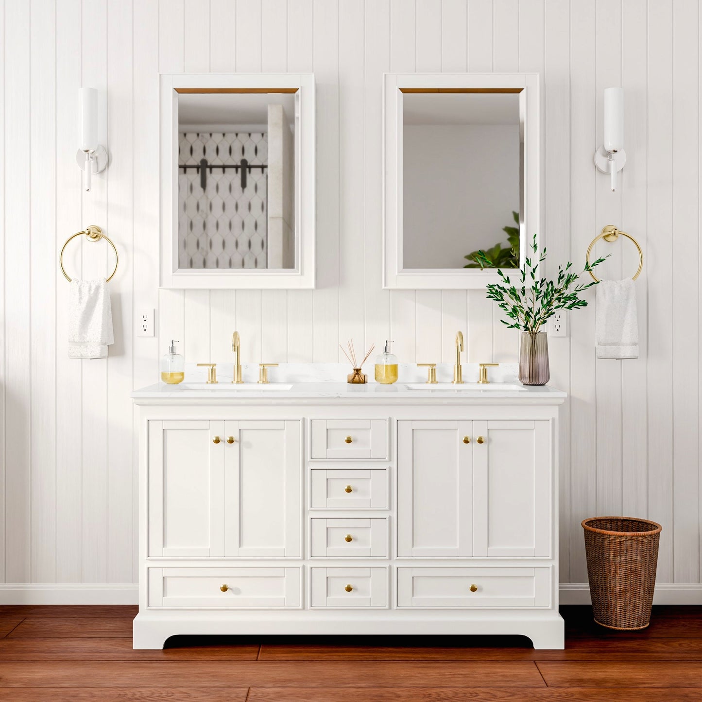 Deborah Bathroom Vanity with Countertop 60 inch Double Sink 3-hole Faucet Setup