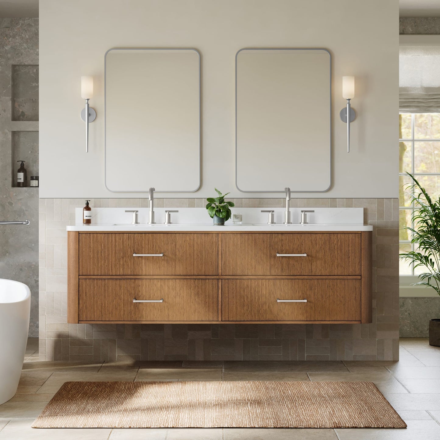 Francesca WM Wall Mounted Bathroom Vanity with Countertop 72 inch Double Sink 3-hole Faucet Setup