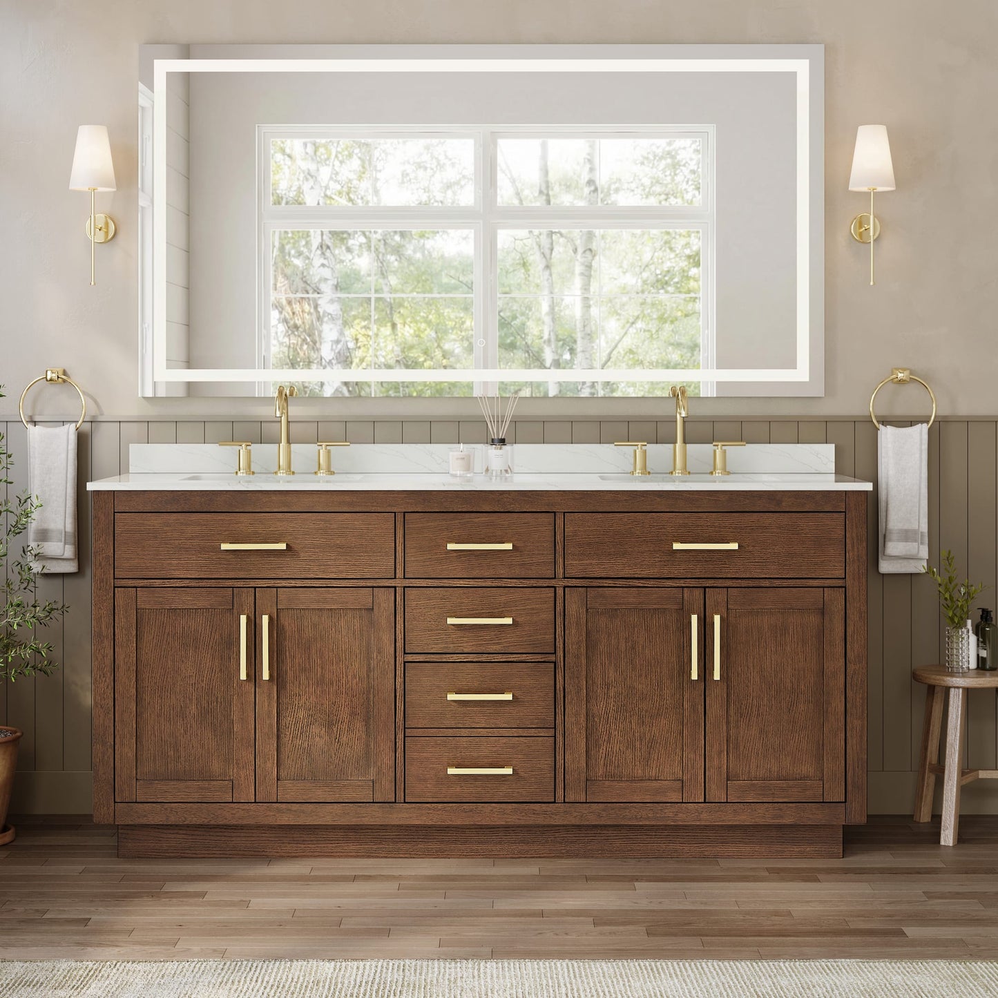 Beckett TK Bathroom Vanity with Countertop 72 inch Double Sink 3-hole Faucet Setup