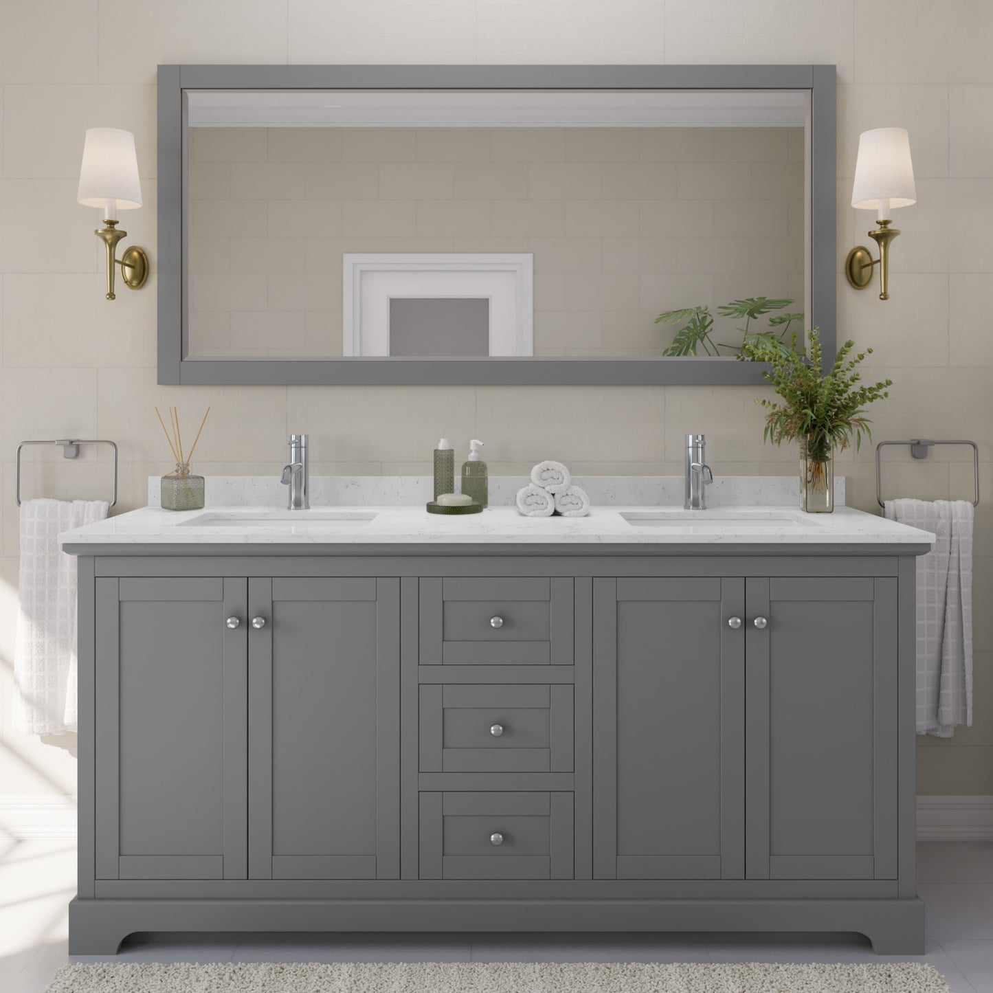 Avery Bathroom Vanity with Countertop 72 inch Double Sink Single hole Faucet Setup