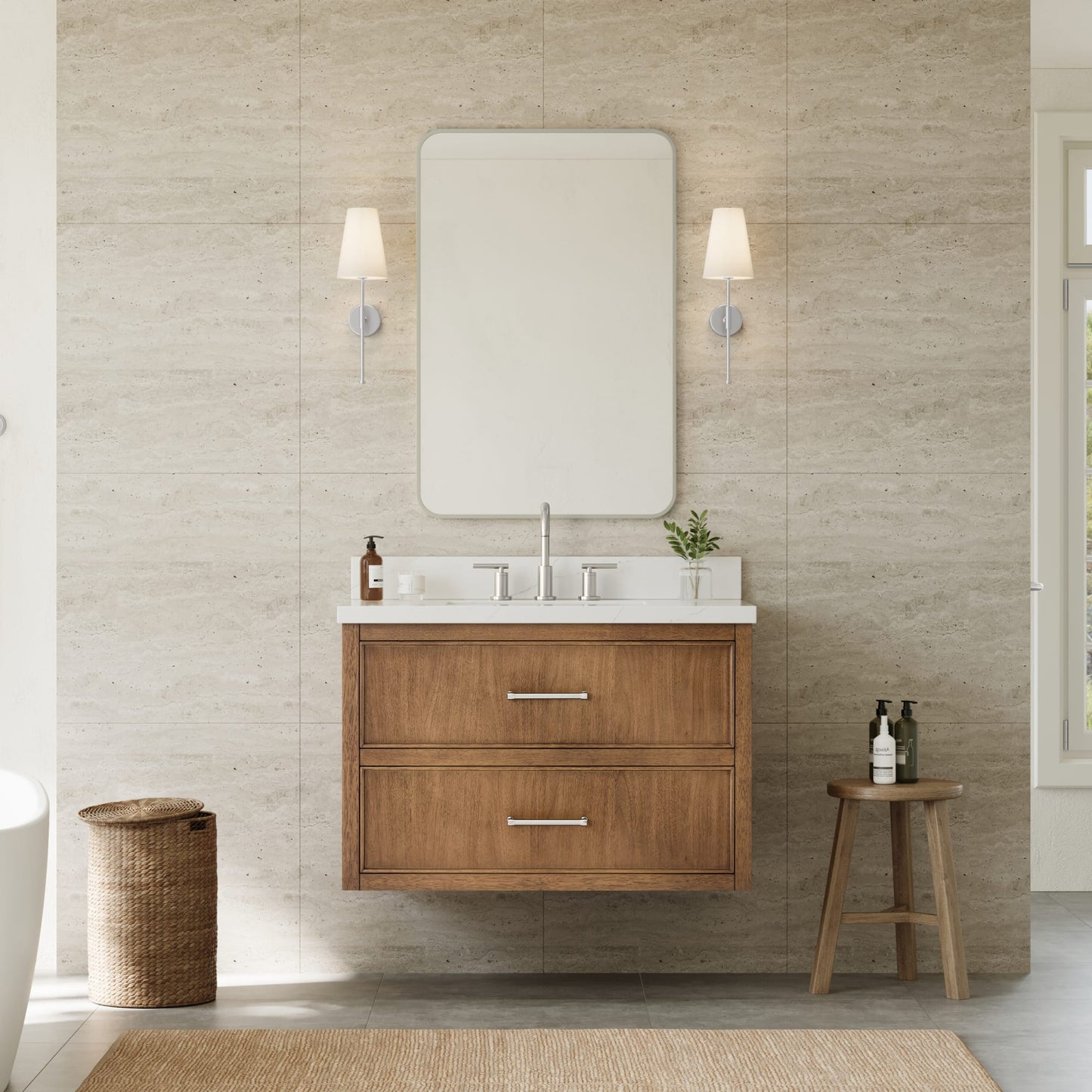 Isola WM Wall Mounted Bathroom Vanity with Countertop 36 inch Single Sink 3-hole Faucet Setup