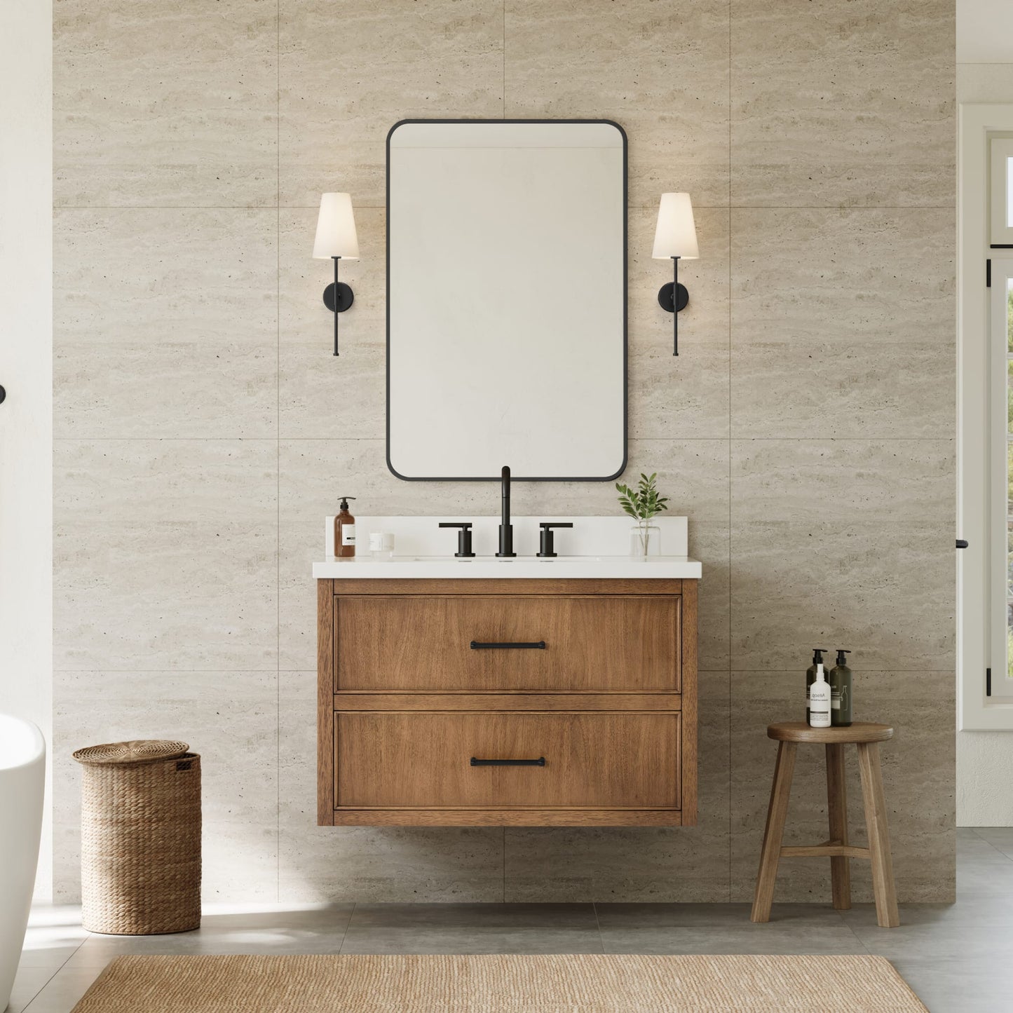 Isola WM Wall Mounted Bathroom Vanity with Countertop 36 inch Single Sink 3-hole Faucet Setup