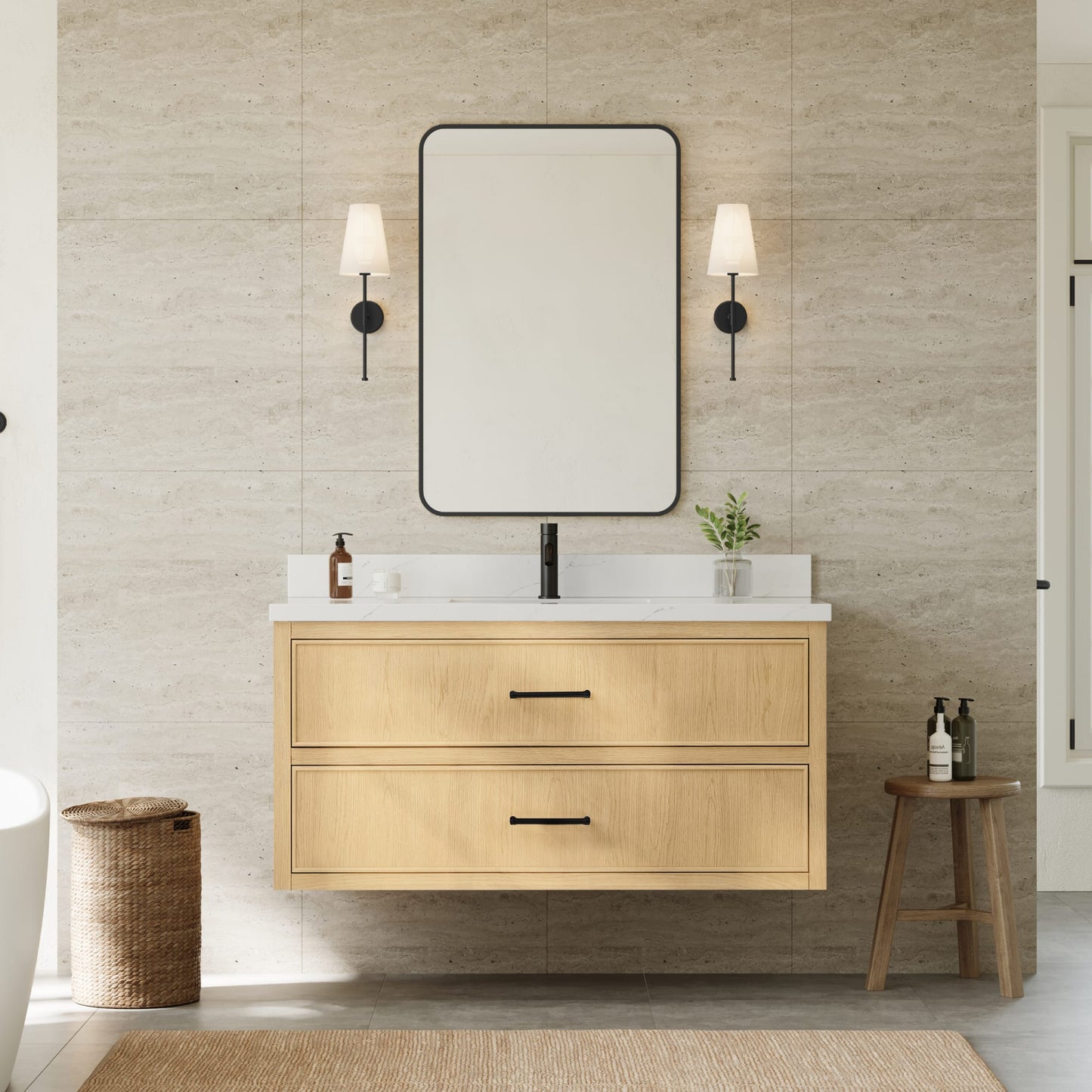Isola WM Wall Mounted Bathroom Vanity with Countertop 48 inch Single Sink Single hole Faucet Setup