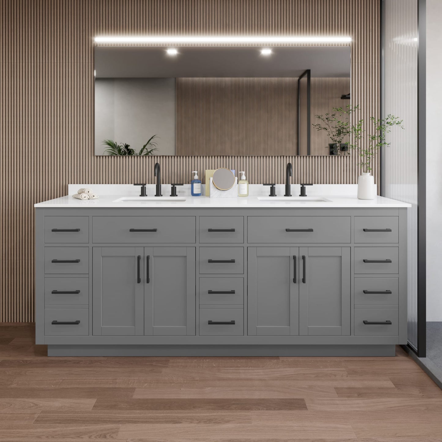 Beckett TK Bathroom Vanity with Countertop 84 inch Double Sink 3-hole Faucet Setup