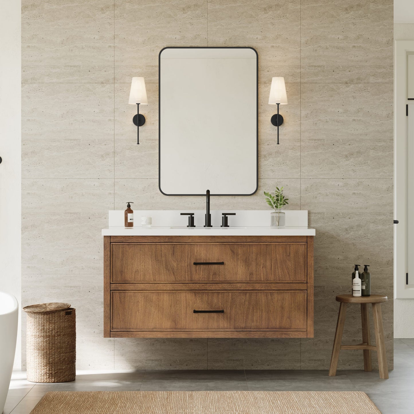 Isola WM Wall Mounted Bathroom Vanity with Countertop 48 inch Single Sink 3-hole Faucet Setup