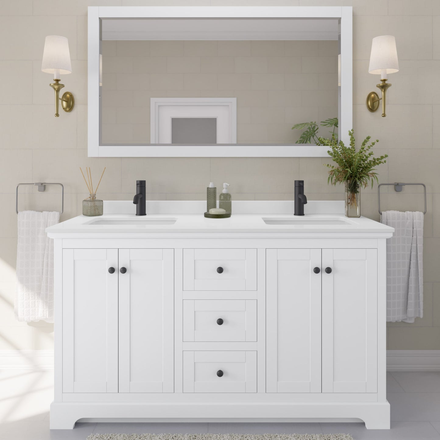 Avery Bathroom Vanity with Countertop 60 inch Double Sink Single hole Faucet Setup