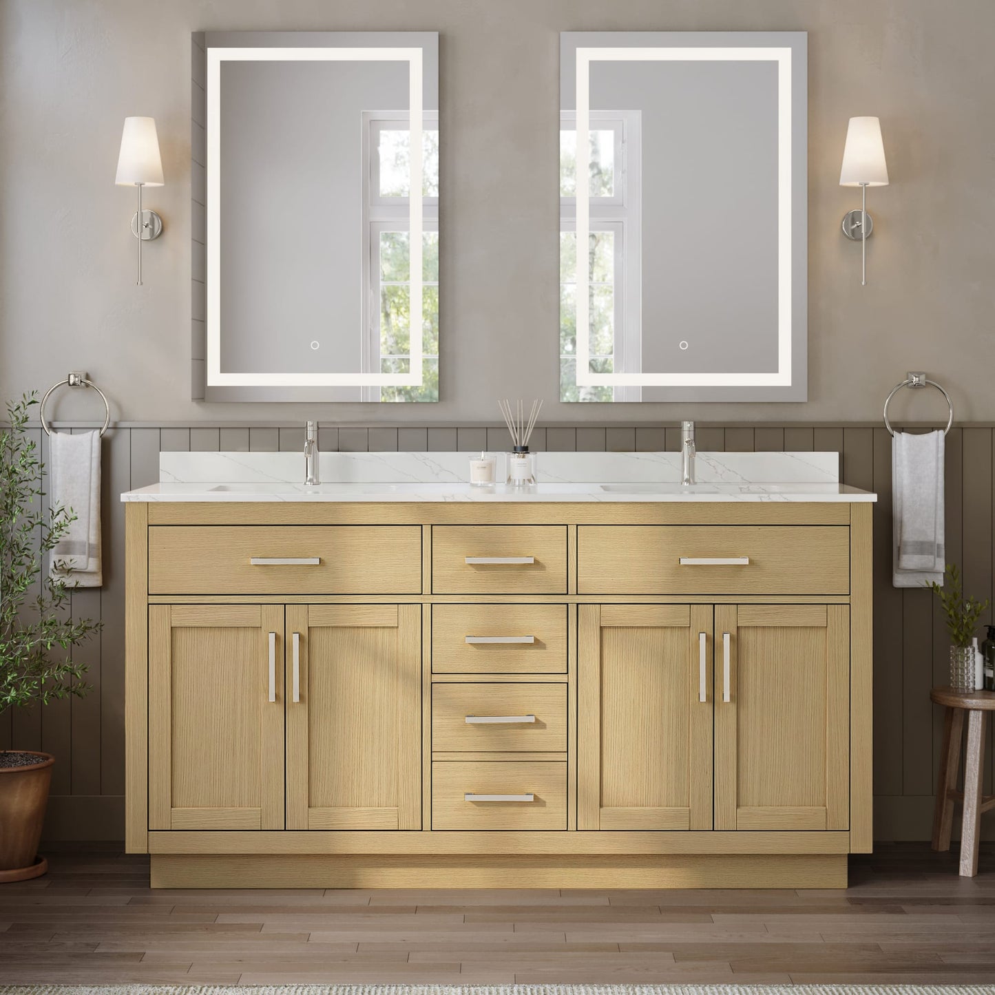 Beckett TK Bathroom Vanity with Countertop 66 inch Double Sink Single hole Faucet Setup