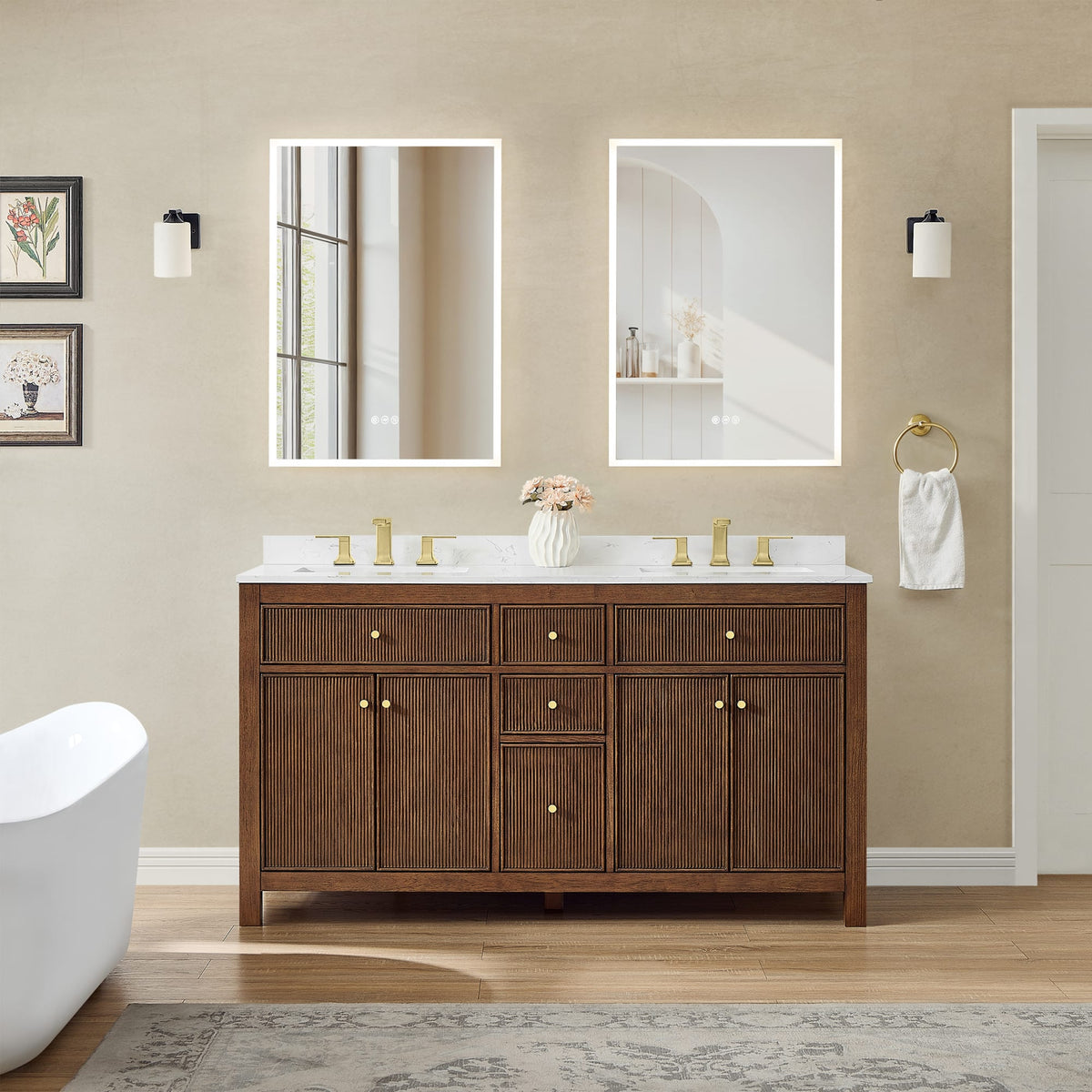Pendry Bathroom Vanity with Countertop 60 inch Double Sink 3-hole Faucet Setup