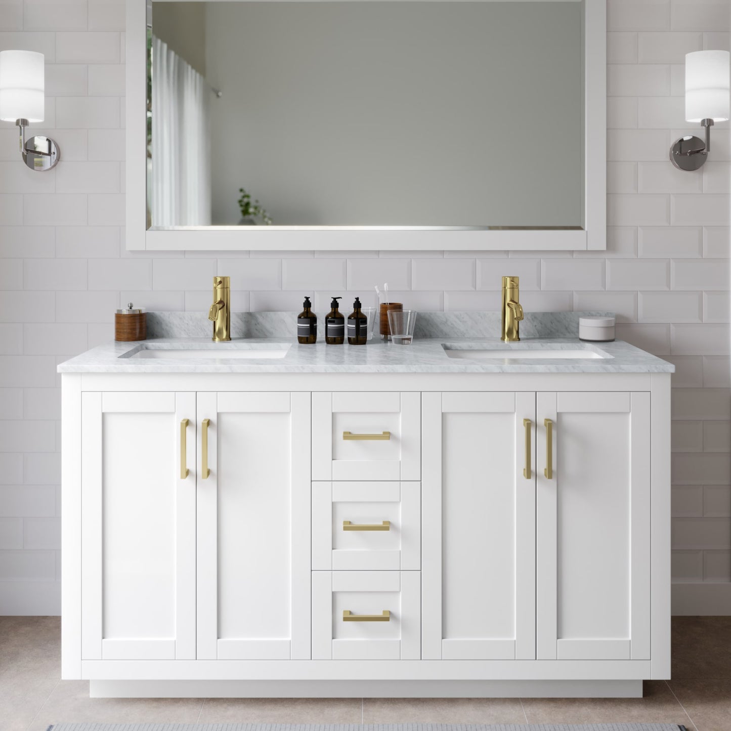 Miranda Bathroom Vanity with Countertop 60 inch Double Sink Single hole Faucet Setup