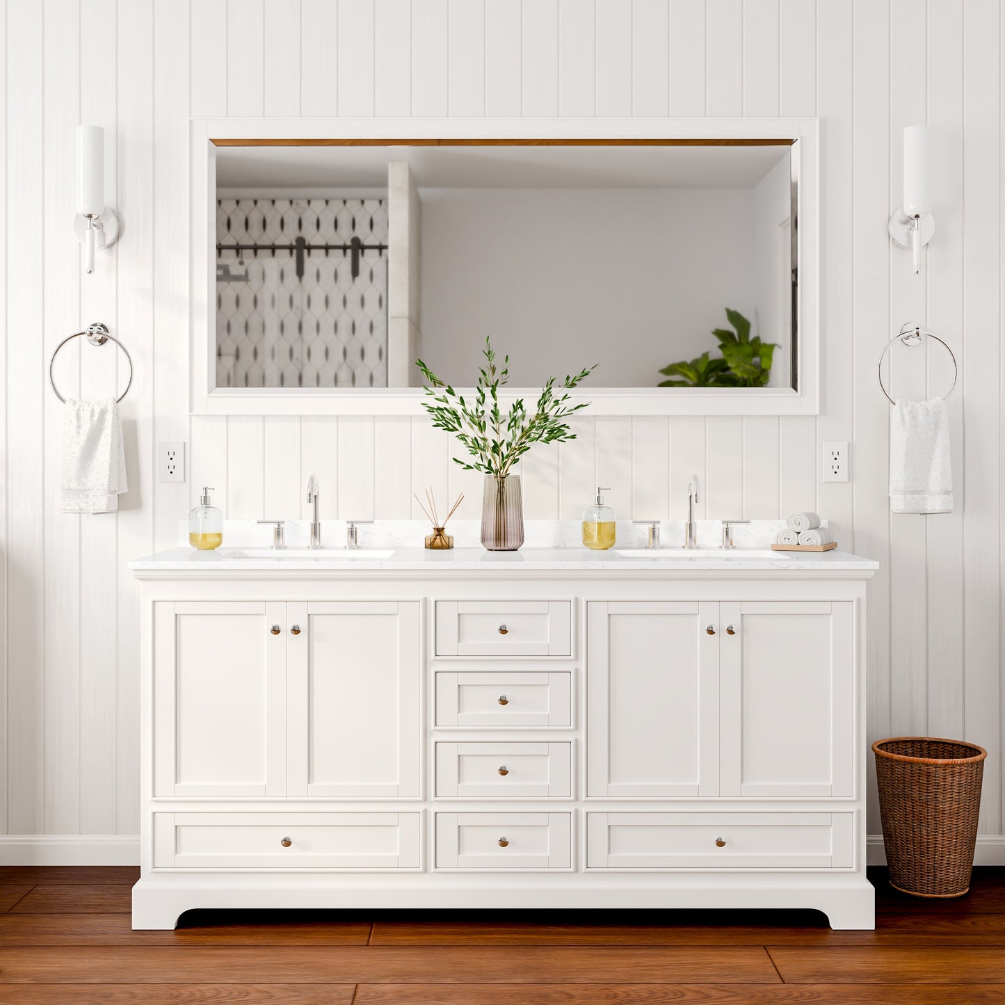 Deborah Bathroom Vanity with Countertop 72 inch Double Sink 3-hole Faucet Setup