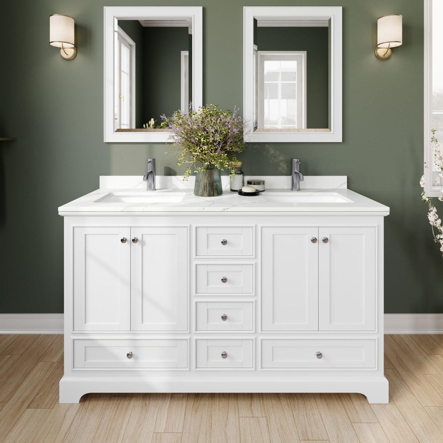 Deborah Bathroom Vanity with Countertop 60 inch Double Sink Single hole Faucet Setup