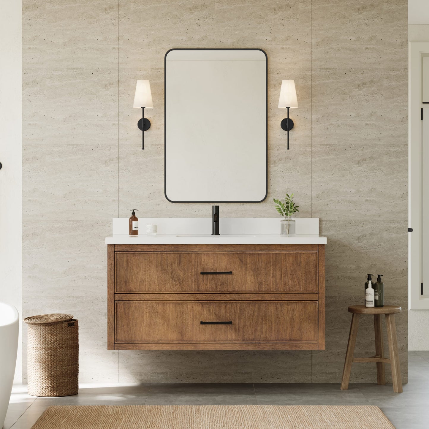 Isola WM Wall Mounted Bathroom Vanity with Countertop 48 inch Single Sink Single hole Faucet Setup
