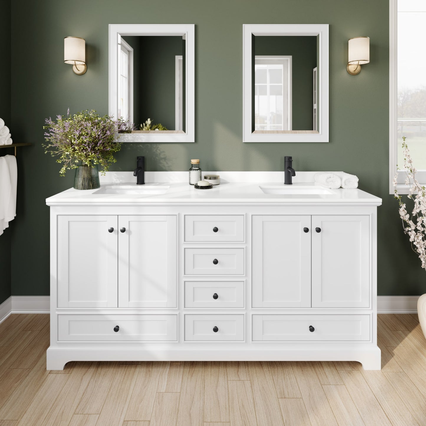 Deborah Bathroom Vanity with Countertop 72 inch Double Sink Single hole Faucet Setup