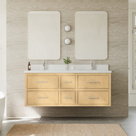 Isola WM Wall Mounted Bathroom Vanity with Countertop 60 inch Double Sink Single hole Faucet Setup