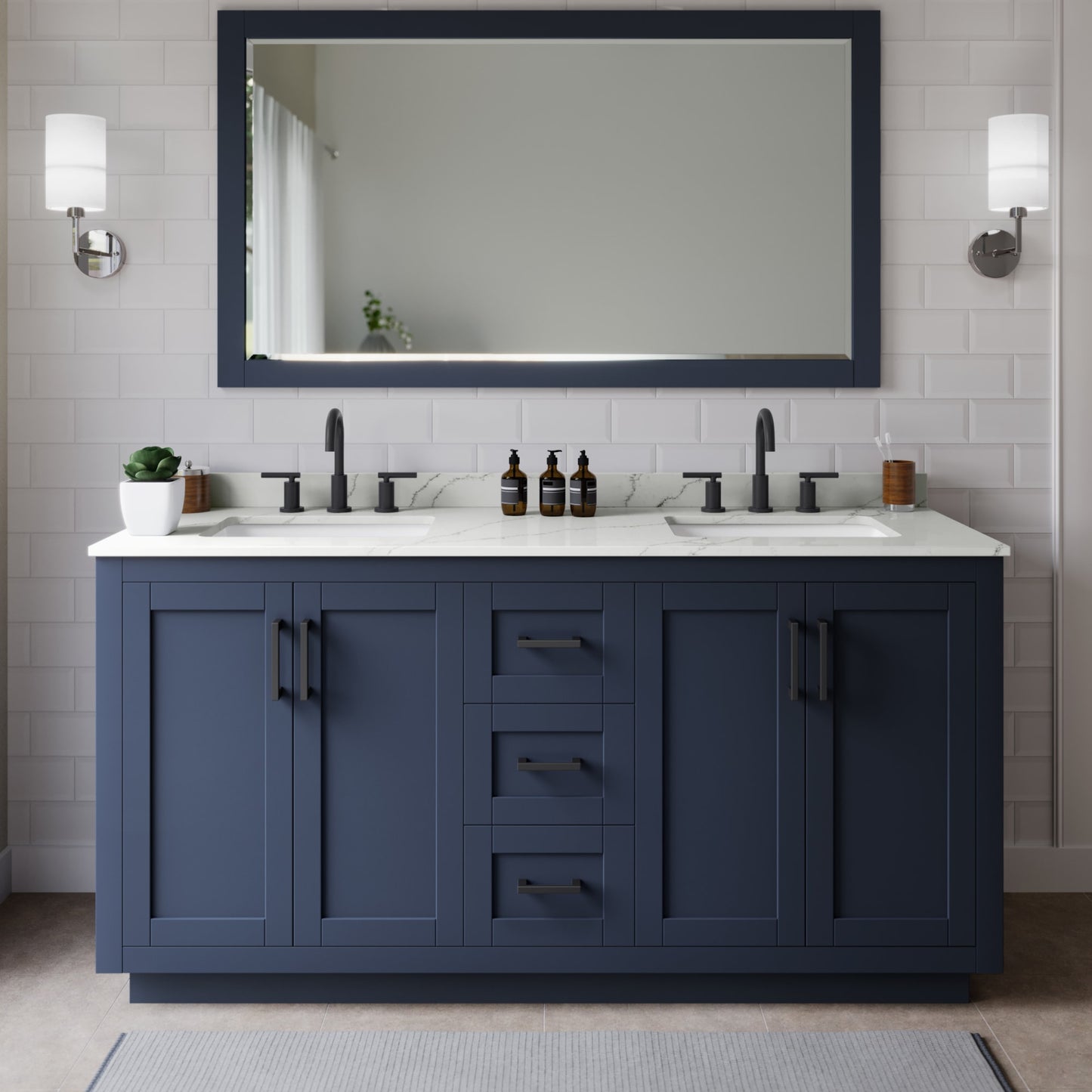 Miranda Bathroom Vanity with Countertop 66 inch Double Sink 3-hole Faucet Setup