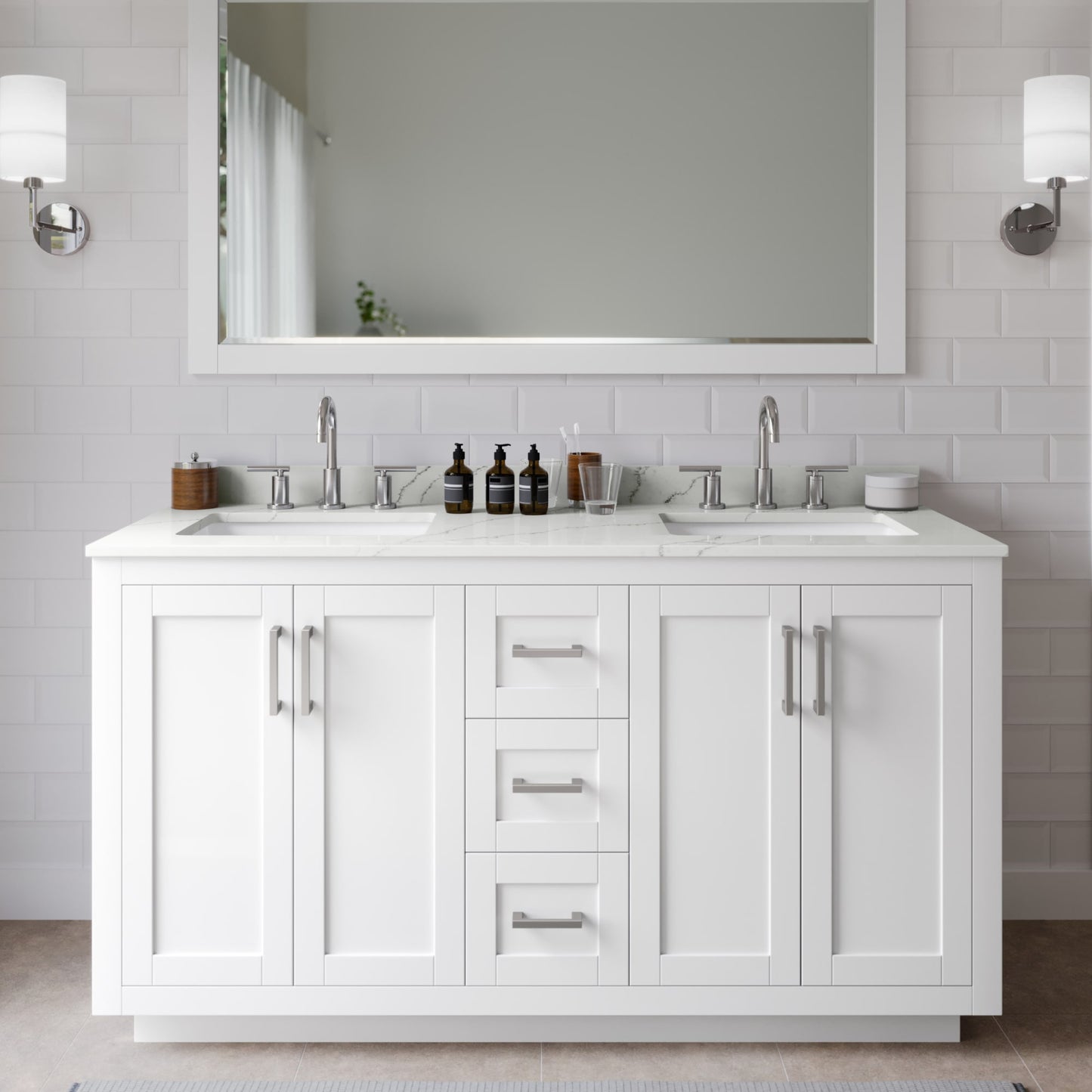 Miranda Bathroom Vanity with Countertop 60 inch Double Sink 3-hole Faucet Setup