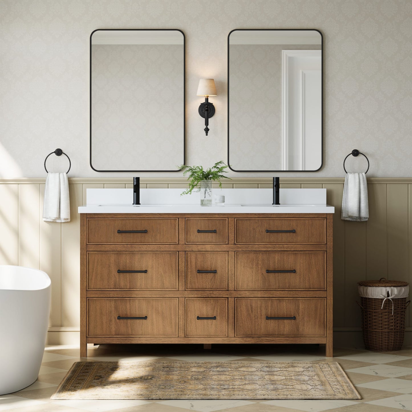 Isola Bathroom Vanity with Countertop 60 inch Double Sink Single hole Faucet Setup