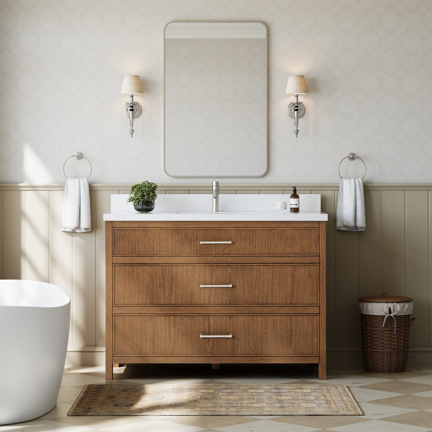 Isola Bathroom Vanity with Countertop 48 inch Single Sink Single hole Faucet Setup