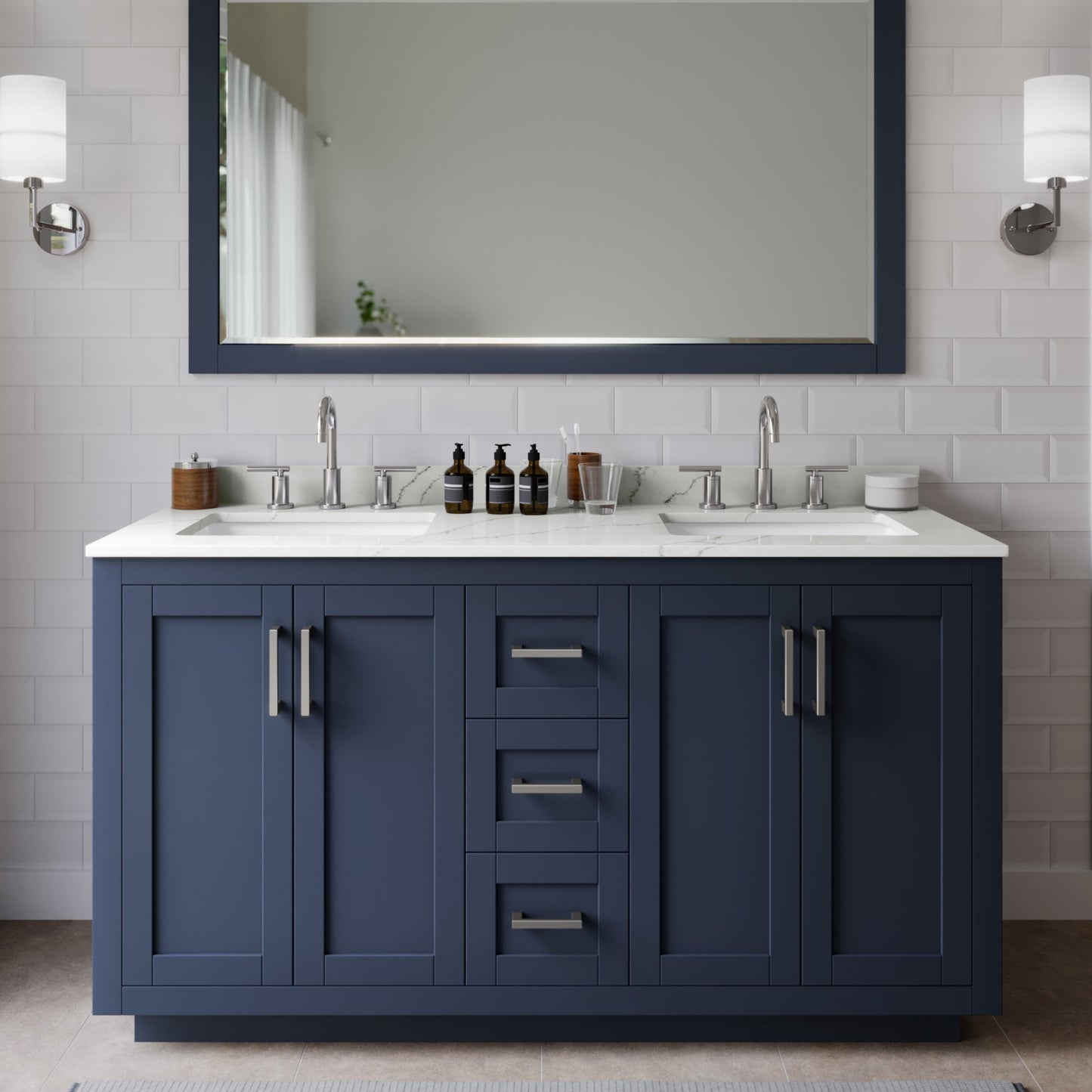 Miranda Bathroom Vanity with Countertop 60 inch Double Sink 3-hole Faucet Setup