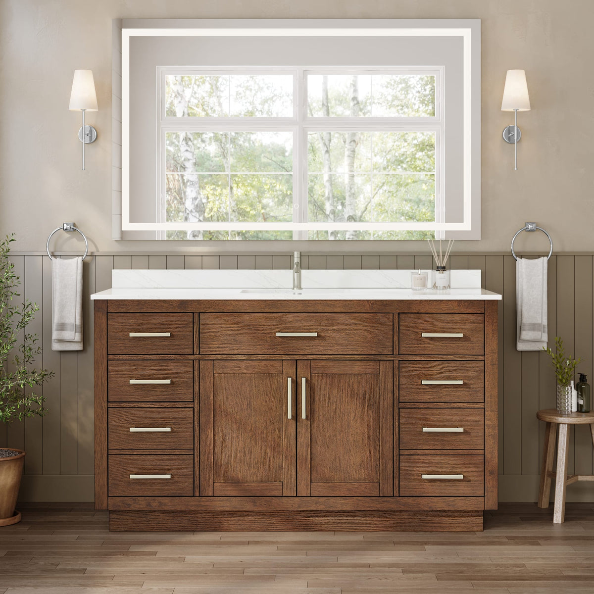 Beckett TK Bathroom Vanity with Countertop 60 inch Single Sink Single hole Faucet Setup