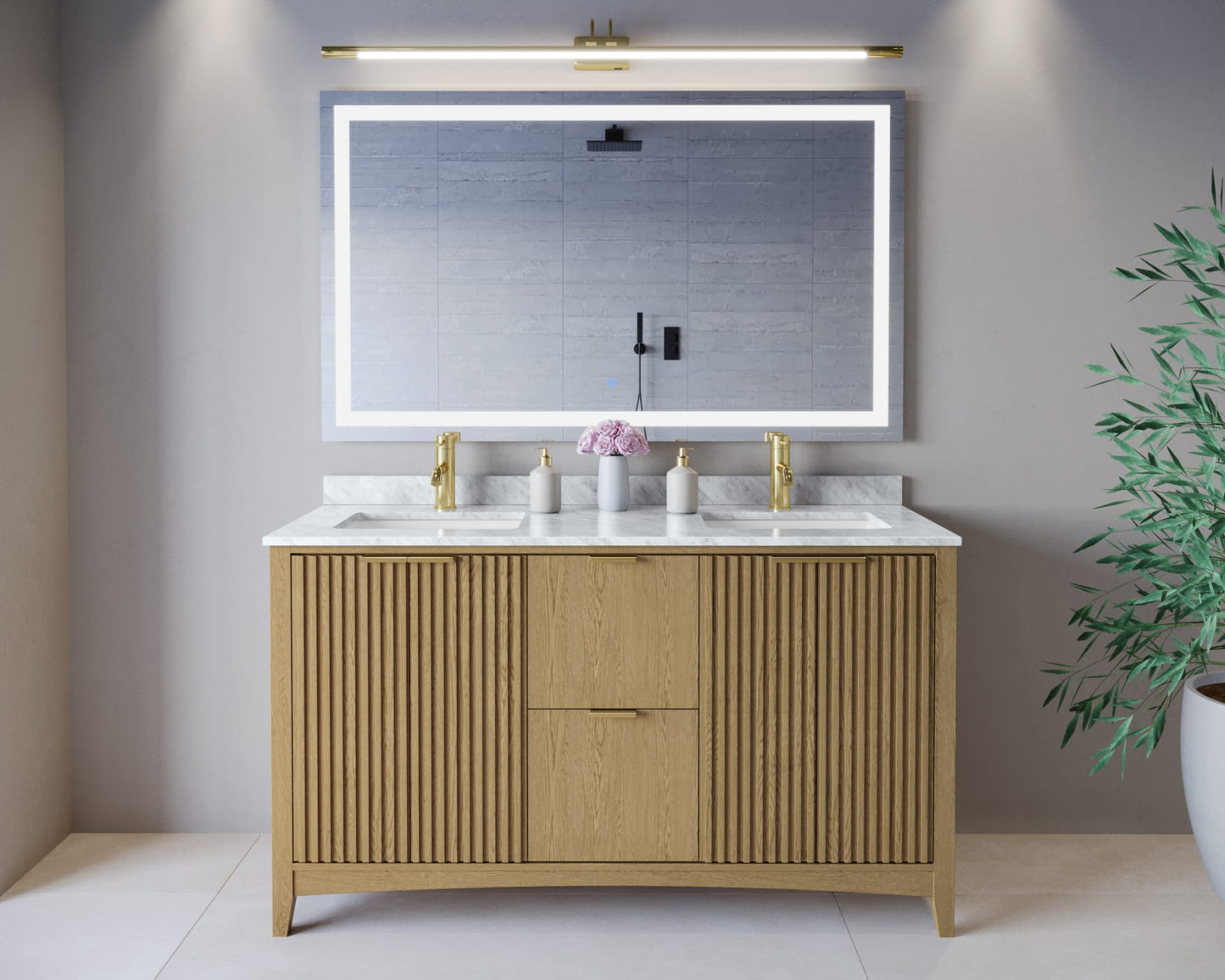 Palmilla Bathroom Vanity with Countertop 60 inch Double Sink Single hole Faucet Setup