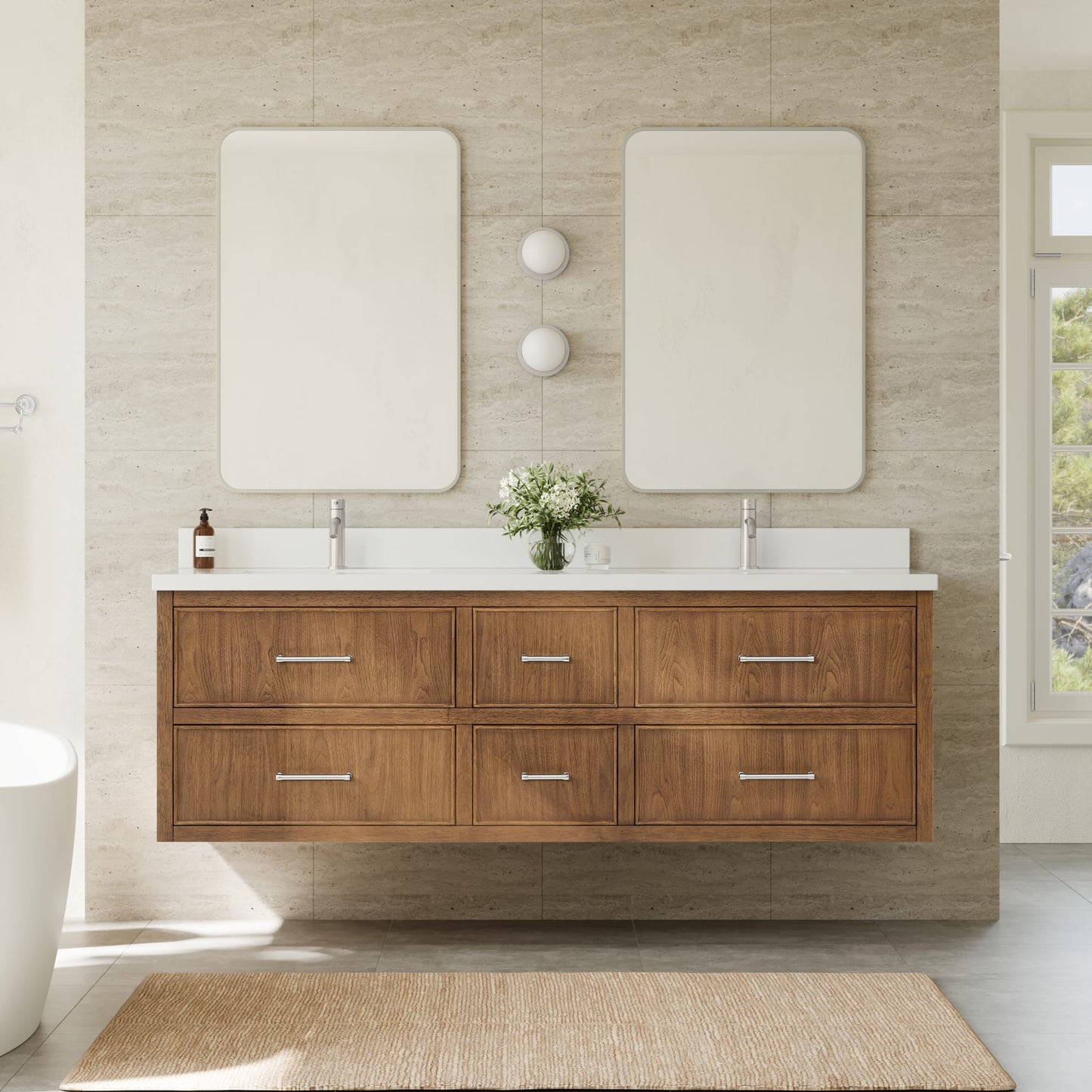 Isola WM Wall Mounted Bathroom Vanity with Countertop 72 inch Double Sink Single hole Faucet Setup