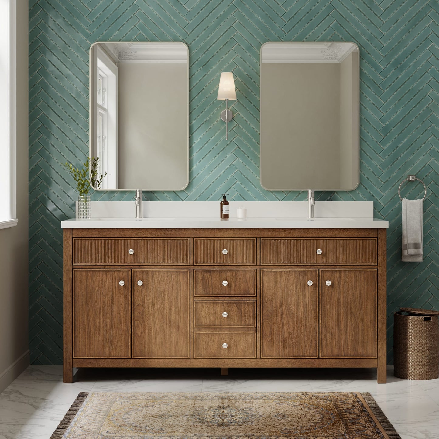 Rian Bathroom Vanity with Countertop 72 inch Double Sink Single hole Faucet Setup
