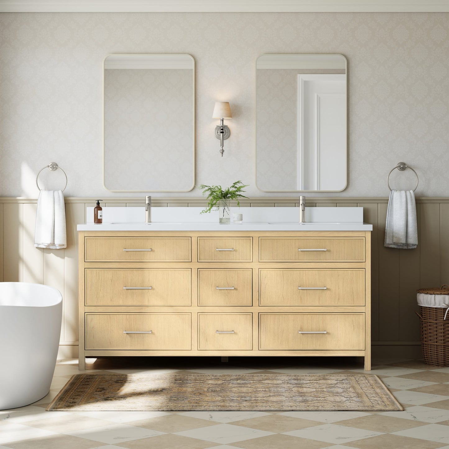 Isola Bathroom Vanity with Countertop 72 inch Double Sink Single hole Faucet Setup
