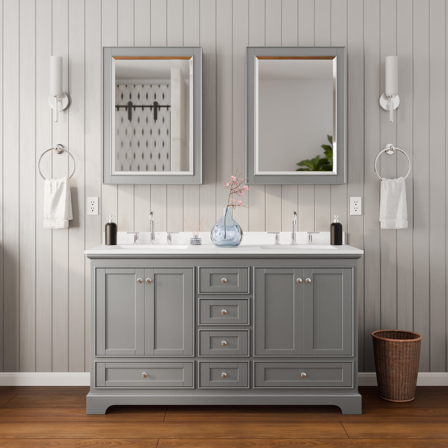 Deborah Bathroom Vanity with Countertop 60 inch Double Sink 3-hole Faucet Setup