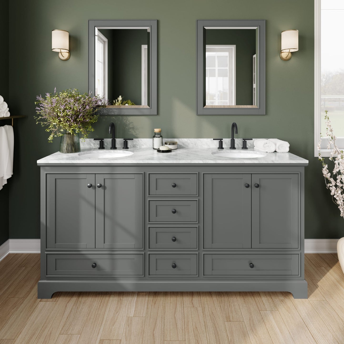 Deborah Bathroom Vanity with Countertop 72 inch Double Sink 3-hole Faucet Setup