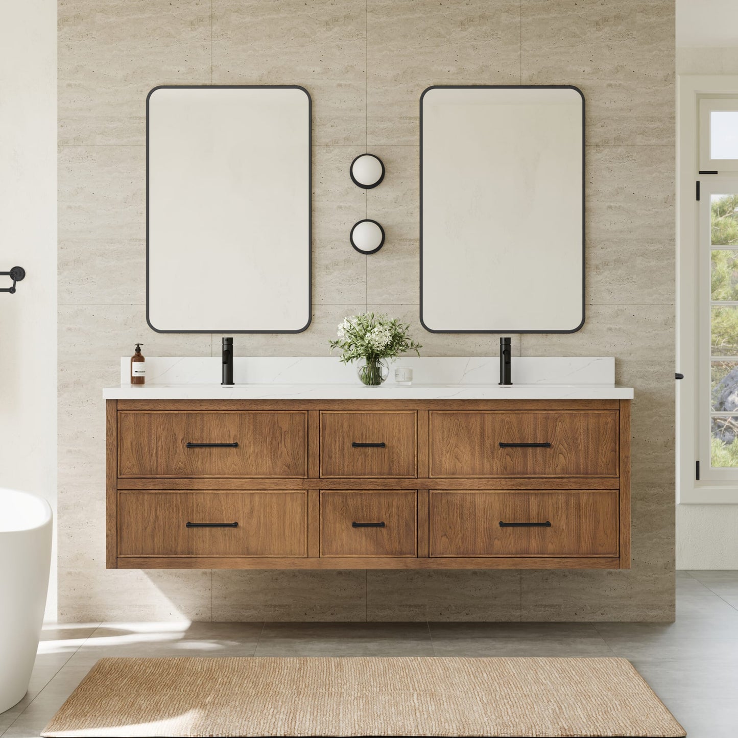 Isola WM Wall Mounted Bathroom Vanity with Countertop 72 inch Double Sink Single hole Faucet Setup